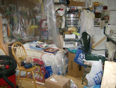 Overview of office clutter from door